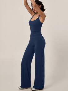 TimeOff Conjunto deportivo de mujer de un solo color con camiseta de tirantes de espalda atlética con almohadillas desmontables y pantalones de cintura alta de pierna ancha - Azul - Ver 7