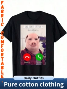 1 Piece, Funny John Pork T-Shirt, Casual T-Shirt For Men - Ideal For Work, Leisure Or Weekend Trips, Perfect For Summer. - Black - View 1