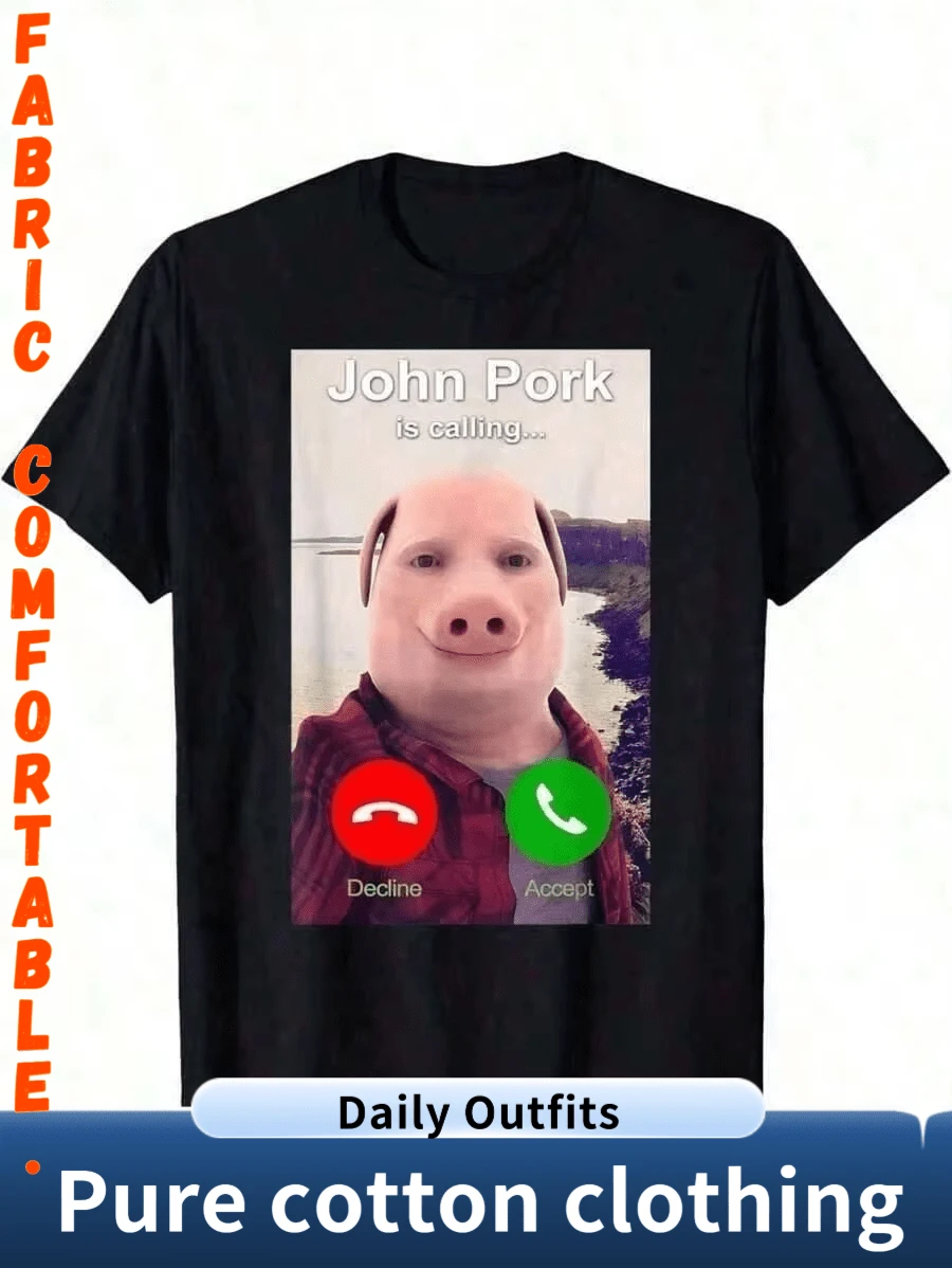 1 Piece, Funny John Pork T-Shirt, Casual T-Shirt For Men - Ideal For Work, Leisure Or Weekend Trips, Perfect For Summer. - Black - View 1