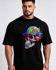 Men's Casual Plus Size ,Short Sleeve Crew Neck Graphic Print ,Loose Casual Fit,Summer Streetwear Tee - Black - View 1