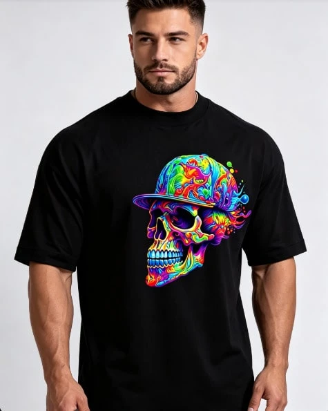 Men's Casual Plus Size ,Short Sleeve Crew Neck Graphic Print ,Loose Casual Fit,Summer Streetwear Tee - Black - View 1