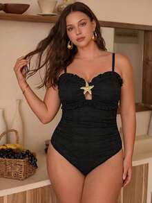 Plus Size Black Floral Jacquard Textured Spaghetti Strap One-Piece Swimsuit, Ruffle Hollow Out With Starfish Decor, Suitable For Summer Beach, Pool Party, Vacation, Back To School - Black - View 8