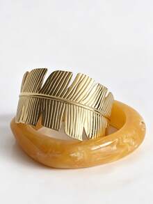 2Pcs Aesthetic Stacking Bracelet Set Marbled Amber Resin Bangle Gold Banana Leaf Open Cuff Bangles Y2K Boho Vacation Outfit Accessories For Women - Alloy Resin Bracelet Set - View 13