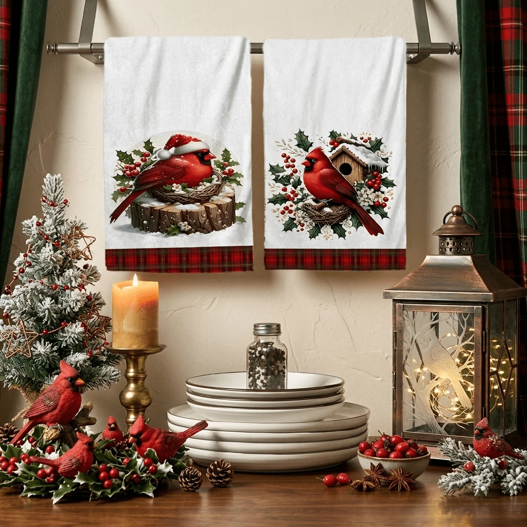 2/4/48pcs Christmas Series North American Cardinal Pattern Printed Kitchen Towels - Super Soft, Highly Absorbent Polyester Dish & Hand Towels, Perfect For Holiday Decor, Kitchen Decor, Party Decor.
