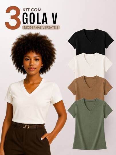 Kit 3 Blusas Feminina Lisa Decote V  Manga curta Básica Malha Premium - G00
