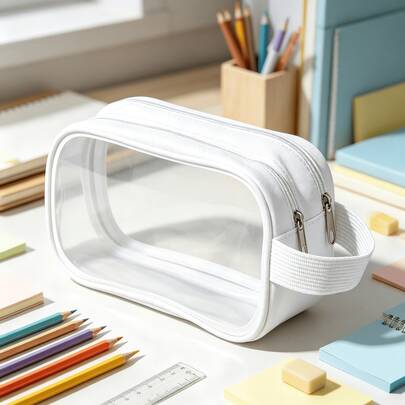 2026 New Clear Transparent Pencil Case With Double Zippers & Hand Strap, Large Capacity Portable Stationery Storage Bag Fit Backpack, Back To School Student Classroom Office Pen Pouch Organizer