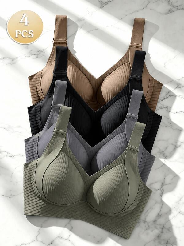 4pcs Plus Size Bra, Breathable Sports Bra For Women - Full Coverage Design, With Lifting And Support Functions, Comfortable To Wear, Ribbed Details