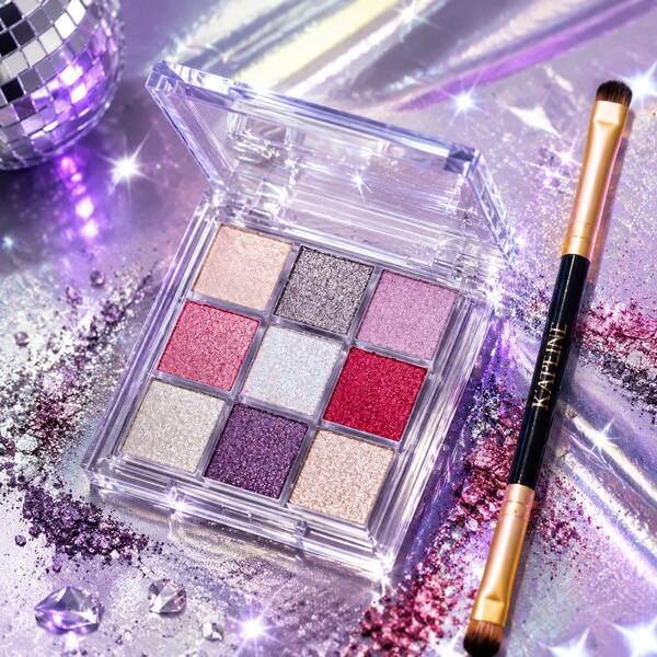K'APEINE 9 Colors All Shimmer Glitter Eyeshadow Tray, Super Pigmented Metallic Sparkle Eye Makeup, Vibrant Red Purple Silver Tones, Come With Dual End Makeup Brush For Party Night Out Look