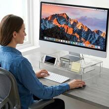 1pc Thickened Transparent Acrylic Computer Monitor Stand With Storage Space, Raised Desk Organizer, Laptop Storage Rack, Free Shortcut Key Stickers - Single Piece - View 5