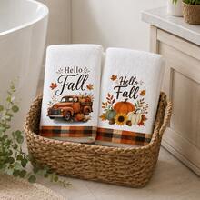 2pcs Set, Truck And Pumpkin Plaid Design Style Hand Towels, Ultra-Fine Microfiber Absorbent Towels, Suitable For Bathroom Cleaning, Home Cooking, Baking, Outdoor Activities, Tea Party Decoration And Home Use - Multicolor - View 11