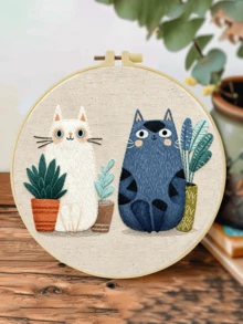 成人初學者刺繡套件,趣味貓咪圖案,含布料、逐步教學指南、繡框、針與線,適合感恩節/聖誕節送禮,居家、花園或辦公室裝飾,20x20cm/7.9in - A - 查看 14