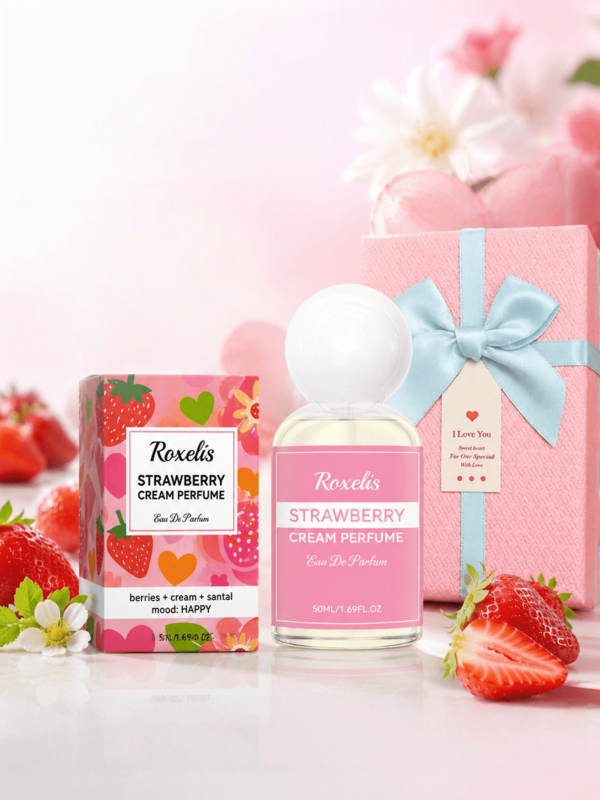 סט בושם Eau De Parfum עמיד לאורך זמן, 1 בקבוק זכוכית 50ML עם הדפס תותים ורוד חמוד, מכסה עגול, ניחוח גורמנד מתוק לנשים לשימוש יומיומי, נסיעות ומתנה לנשים