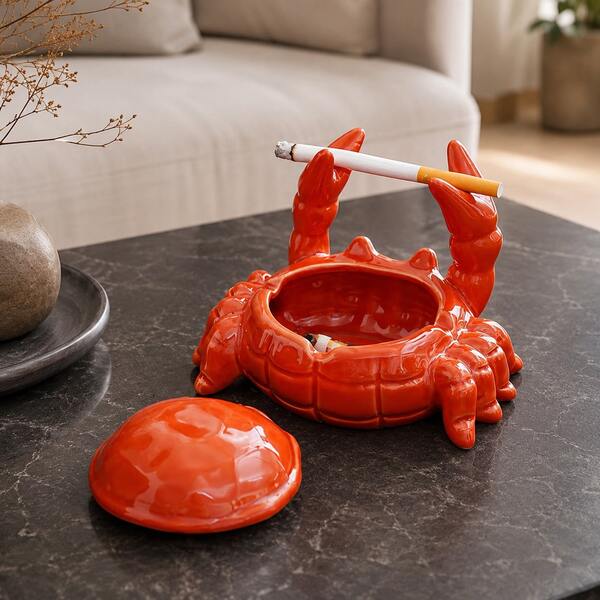 Crab-Shaped Ceramic Ash Tray With Lid, Flyproof, Smooth Finish, Ideal As Office Desk Accessories And Smoking Accessories For Home Decor.