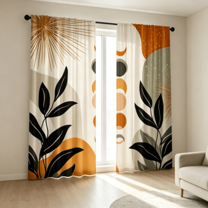 2 piezas Cortinas con estampado abstracto bohemio de fases lunares & hojas, impresión plana 2D de un solo lado, translúcidas, de poliéster, estilo de bolsillo para barra, adecuadas para decoración de ventanas de cocina, sala de estar, comedor, cortinas de otoño, solo cortinas, accesorios no incluidos