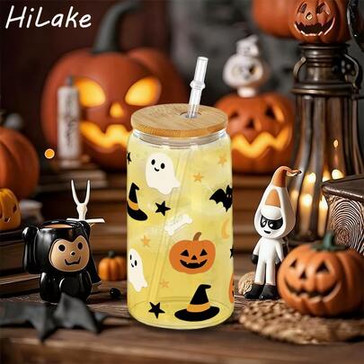 HILAKE 16oz Halloween Themed Plastic Water Bottle With Lid And Straw, Lightweight Design, Printed With Ghost, Bat And Pumpkin Patterns, Suitable For Summer Hydration, Outdoor Party, Beach Party, Applicable For Cold Drinks, Smoothies, Soda, Coffee, Can Be Used As Gift And Celebration Supplies