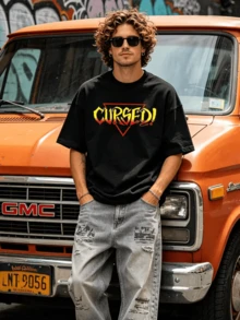 Men's Summer Casual Soft Round Neck Short Sleeve T-Shirt, Cursed Gothic Text Pattern Graphic Is Suitable For Spring And Summer Wear. - 黑色 - 查看 8