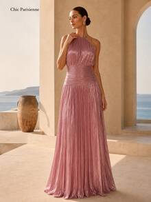 Dusty Rose Metallic Plissé Halter Maxi Dress - 重量 - 查看 3