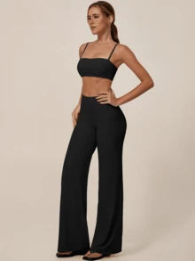 TimeOff Women's One Set Solid Color Spaghetti Strap Backless Bra High Waist Tummy Control Wide Leg Pants Sports Set - Black - View 7