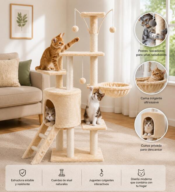 Árbol Trepador y Rascador para Gatos, Torre de Actividades de Varios Niveles, Castillo con Escaleras, Hamaca, Cubiertas de Felpa, Duradero de 140cm Alto X 50cm Largo
