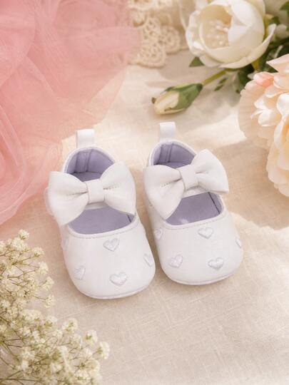 Infant Girl Heart Embroidered Bow Mary Jane Soft Non-Slip Pre Walker Shoes For Daily Party