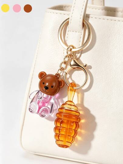 Honey Bear 2-In-1 Keychain Lip Gloss Empty Bottle, Mini Portable DIY Lip Gloss Refill Tube, 2ml+5ml, Travel Makeup Refill Container, Commute Light Makeup Homemade Lip Gloss Empty Tube, Creative Girl Bag Charm
