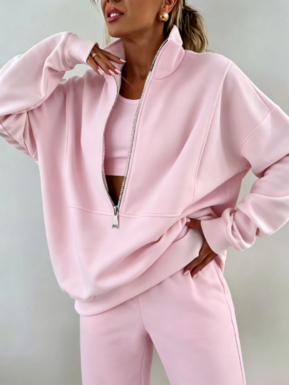 Women Solid Minimalist 2 Piece Loungewear Tracksuit Half Zip Stand Collar Oversized Drop Shoulder Sweatshirt Full Length Straight Leg Jogger Pants
