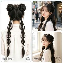 Women's Handmade Japanese Style Braided Hair Clip Twin Ponytail Wig, Natural Fluffy Lively Realistic Hair, New Chinese Style Long Braid - Black - View 7