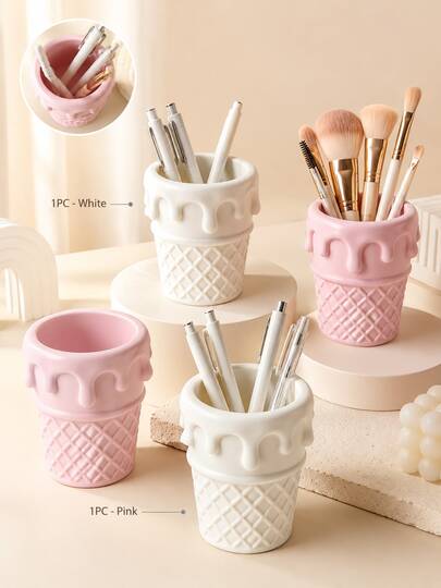 1pc Creative 3D Printed Melting Ice Cream Pen Holder, Cute Waffle Cone Desktop Storage Box, Suitable For Pens, Pencils, Makeup Brushes And Small Accessories, Aesthetic Desktop Organizer Decor, Office Study Room Decoration Gift