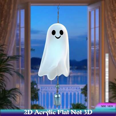 Halloween Ghost Outdoor Wind Chime With Iron Chain And Bell - Vintage European Style 2D Flat Acrylic Light Catcher, Suitable For Garden, Patio, Door Wall - No Electricity Required, Great Decoration For Mother's Day And Father's Day, Patio Hanging Ornament, Artistic Decor, Fine Feather Details, 2D Flat