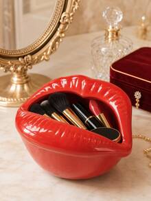 Glossy Red Lips Makeup Organizer, Vanity Storage Bowl For Brushes, Lipsticks, Mascara, Compacts And Beauty Tools; Creative Dressing Table Decor, Desktop Holder And Stylish Unique Gift For Makeup Lovers. - Classic - View 7