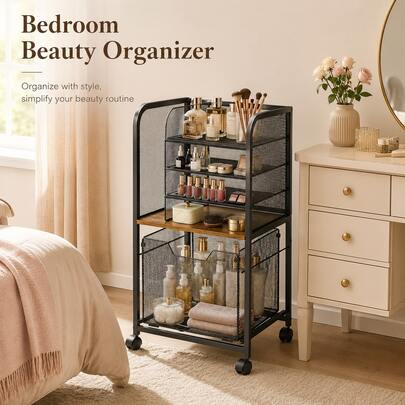 Caja y Gabinete de Almacenamiento de Maquillaje, Organizador de Cosméticos de Gran Capacidad para Perfumes, Brochas de Maquillaje y Herramientas, Estante de Almacenamiento de Tocador – Negro