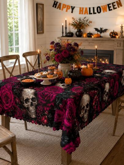 1pc Halloween Skull Rose Tablecloth, Dark Gothic Skull And Deep Red Rose Print, Wavy Lace Design, Suitable For Halloween Party, Gothic Wedding, Dining Table Decor And Home Decoration