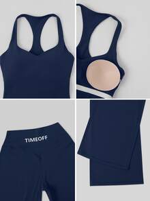 TimeOff Conjunto deportivo de mujer de un solo color con camiseta de tirantes de espalda atlética con almohadillas desmontables y pantalones de cintura alta de pierna ancha - Azul - Ver 4