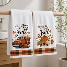 2pcs Set, Truck And Pumpkin Plaid Design Style Hand Towels, Ultra-Fine Microfiber Absorbent Towels, Suitable For Bathroom Cleaning, Home Cooking, Baking, Outdoor Activities, Tea Party Decoration And Home Use - Multicolor - View 3