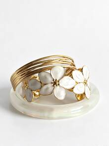3pcs Vintage Vibrant Enamel Floral Stainless Steel Gold Elegant Floral Bracelet Set, High Street Fashion Resin Translucent Bright Summer Mix & Match Jewelry, Elegant Enamel Open Bangle Bold Aesthetic Accessory Stackable - Flower Set - View 18