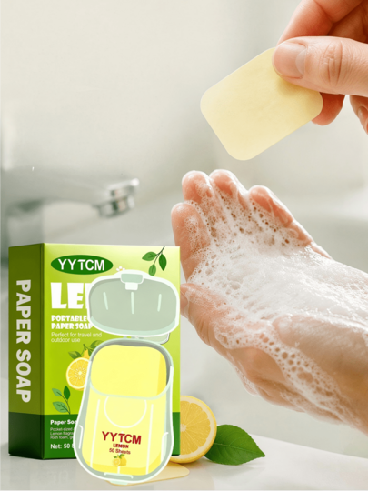 YYTCM Fresh Lemon Portable Soap Sheets 50pcs With Flip-Top Storage Box, Disposable Hand Soap Paper For Outdoor Travel, Students, Gentle Foaming And Easy To Rinse