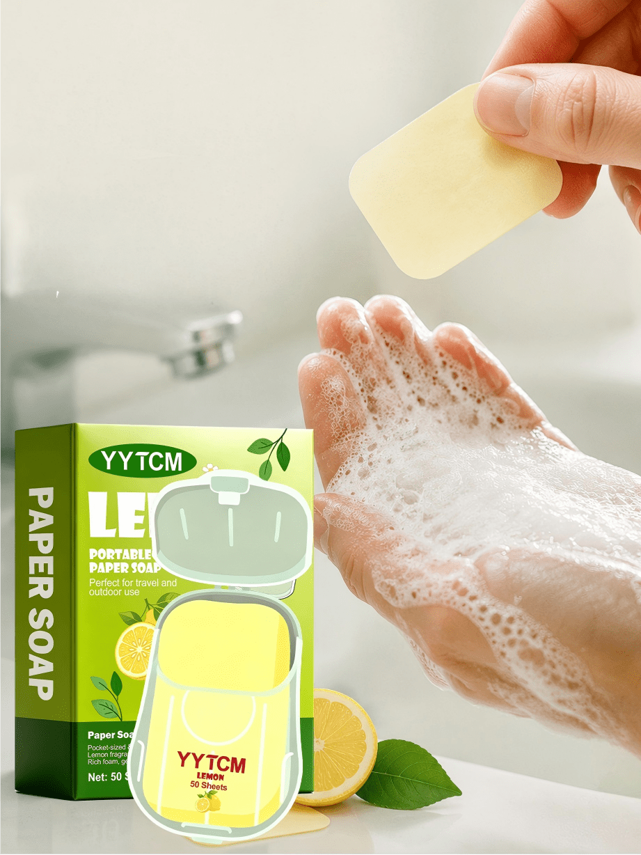 YYTCM Fresh Lemon Portable Soap Sheets 50pcs With Flip-Top Storage Box, Disposable Hand Soap Paper For Outdoor Travel, Students, Gentle Foaming And Easy To Rinse