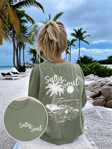 Women's Green Salty Soul Palm Tree Graphic T-Shirt, Oversized Short Sleeve Tee, Vacation Outfits Women, Back To School Clothes, Fall Casual Top - 綠色 - 查看 1