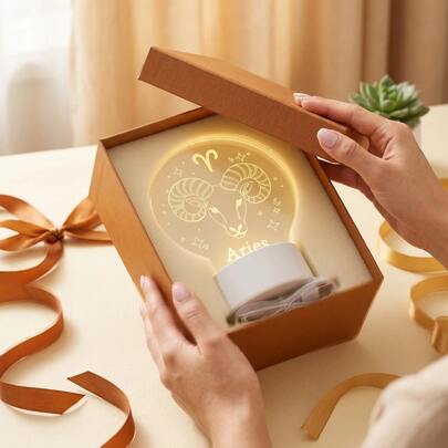 1pc Aries 3D Acrylic Night Light, Constellation Theme Warm Light Desktop Decor, USB Powered Bedroom Desk Atmosphere Lamp, Birthday Gift For Astrology And Constellation Enthusiasts