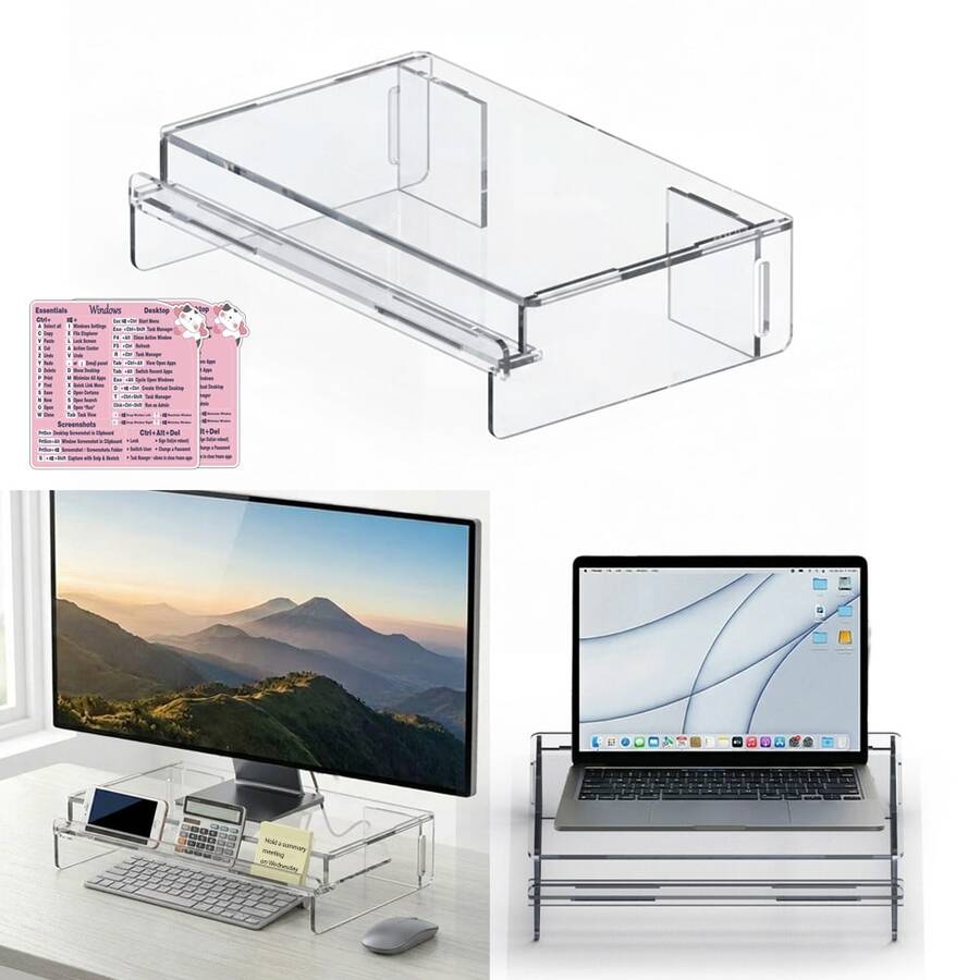 1pc Thickened Transparent Acrylic Computer Monitor Stand With Storage Space, Raised Desk Organizer, Laptop Storage Rack, Free Shortcut Key Stickers - Single Piece - View 1