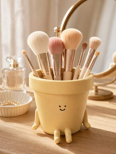 1pc Cute Smiling Face Makeup Organizer Cup, Decorative Makeup Brush Holder For Vanity, Cosmetic Tools, Eyeliner, Eyebrow Pencil, Lip Liner & Pens, Compact Desktop Storage For Bedroom Bathroom Dorm, Gift For Women