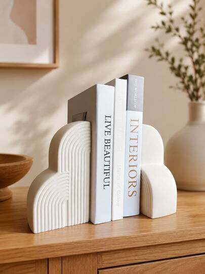 2pcs Modern Arch Bookends, White Resin Rainbow Bookends With Ribbed Geometric Design, Decorative Heavy Duty Bookshelf Book Supports, Suitable For Bookshelf, Office Desk, Living Room, Bedroom, Study, Library, Housewarming Gift