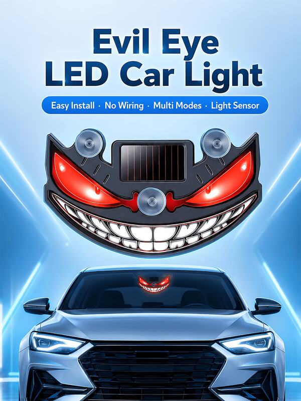 Solar Powered Devil Eye LED Car Window Light, 2026 New Dynamic Car Eye LED, Devil Eye Light Dynamic Windshield Atmosphere Light, With Vibration And Light Sensor, USB-C Rechargeable, 5 Modes, Suction Cup Installation