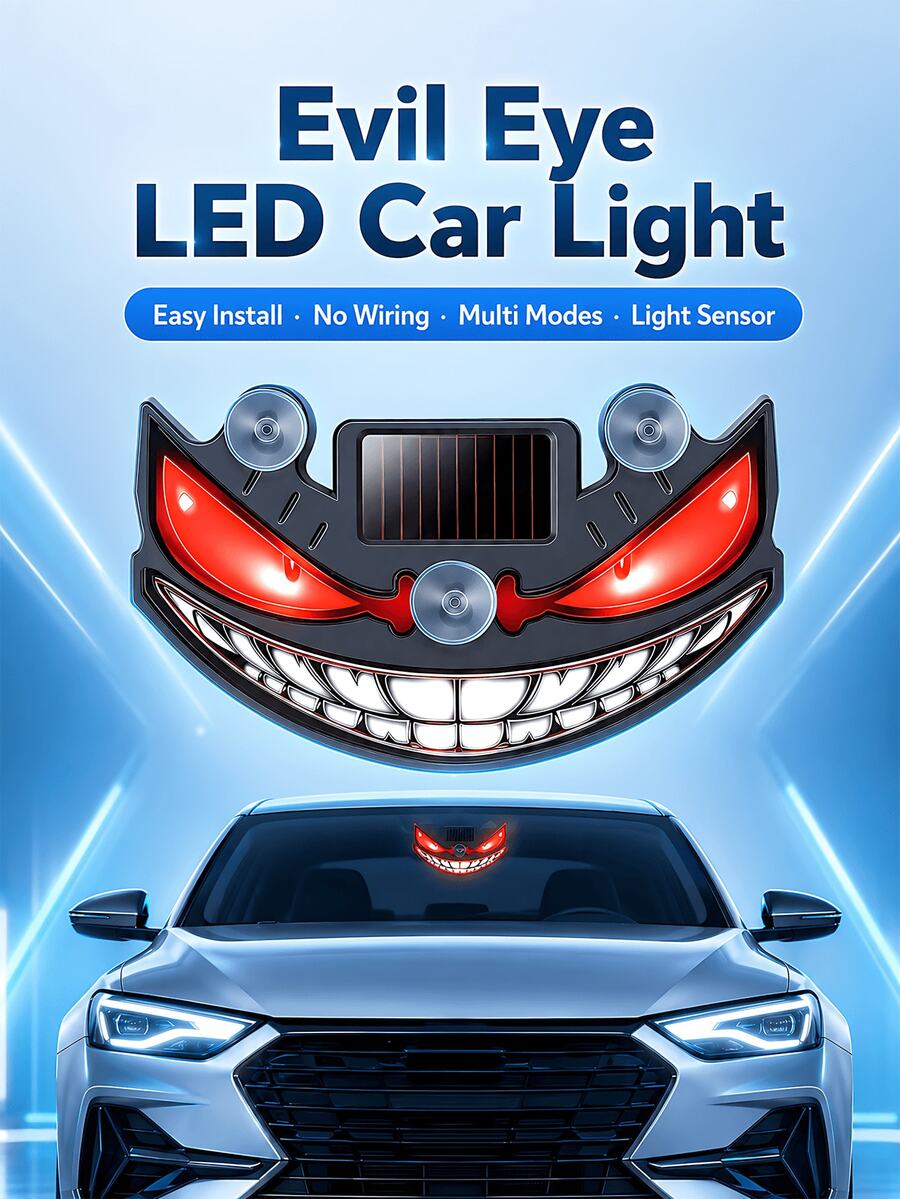 Luz LED de Ojo de Diablo para Ventana de Coche Alimentada por Energía Solar, Nuevo Ojo de Coche LED Dinámico 2026, Luz de Atmósfera Dinámica para Parabrisas de Ojo de Diablo, Con Sensor de Vibración y Luz, Recargable por USB-C, 5 Modos, Instalación con Ventosa - condujo - Ver 1