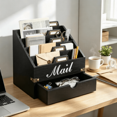 Wood Mail Organizer Countertop, Desktop Mail Organizer With 4 Compartments And Drawer, Mail Holder File Organizer Wall Mount, Desk Accessories & Workspace Organizers, File Paper Holder