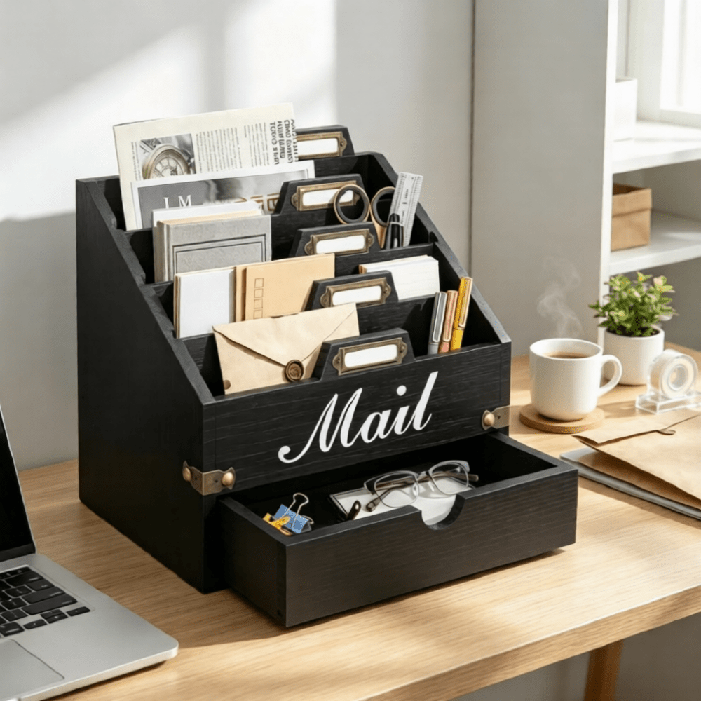 Wood Mail Organizer Countertop, Desktop Mail Organizer With 4 Compartments And Drawer, Mail Holder File Organizer Wall Mount, Desk Accessories & Workspace Organizers, File Paper Holder