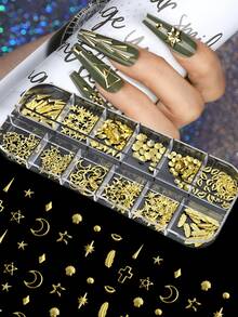 4盒金色美甲飾品套組，混色鏤空金屬鉚釘、琺瑯愛心、聖母瑪利亞、十字架、蝴蝶結、蝴蝶、花卉與星空裝飾，附鑷子與蠟筆的一體式奢華美甲DIY飾品套裝，美甲用品指甲寶石 - 彩色 - 查看 4