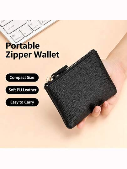 Men Women Soft Top Grain Leather Mini Coin Purse Zipper Key Card Storage Bag