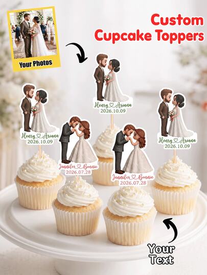 Adornos personalizados para cupcakes de boda, palillos de pastel personalizados con foto de la novia y el novio con nombres y fecha de la boda, decoraciones de mesa de postres con pareja de dibujos animados personalizados, despedida de soltera, fiesta de compromiso, recepción de boda, celebración de aniversario, suministros para fiesta de cupcakes