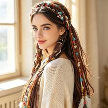 عصابة رأس ملونة من حبل مايلارد مع شرابات، طوق شعر بأسلوب الريش، إكسسوار شعر مضفر، ربطة شعر مضفرة ناعمة، طوق شعر من حبل ملون - الأسود - مشاهدة 6